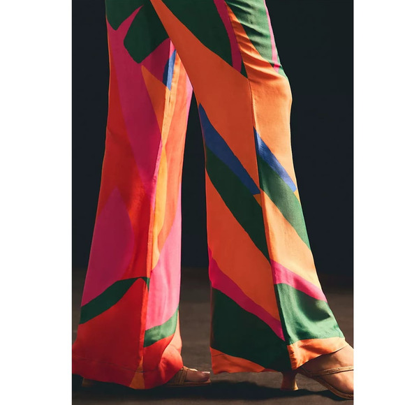 New Anthropologie Farm Rio Colorful Leaves Flared Pants $175 MEDIUM Red Motif - Picture 5 of 6